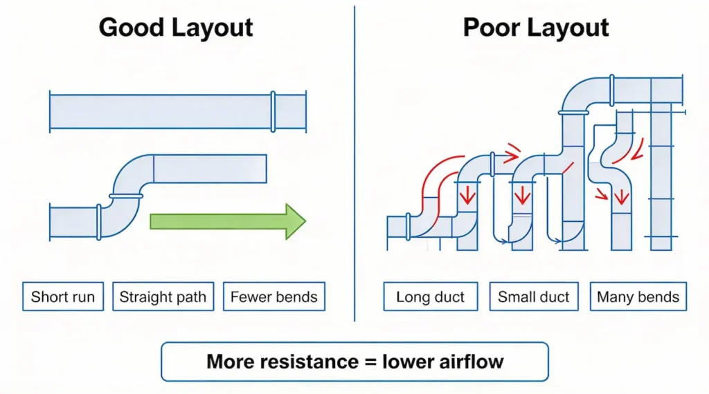 Duct length and bends affecting ventilation airflow