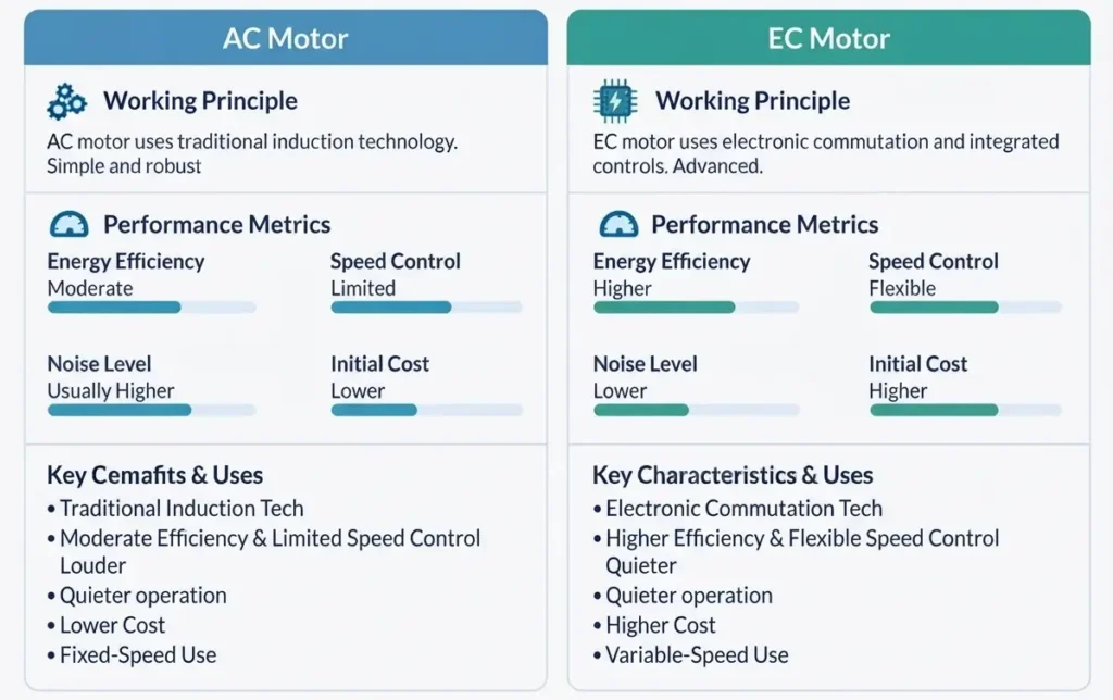 Comparison infographic of AC motor and EC motor showing differences in working principle, energy efficiency, speed control, noise level, and initial cost for ventilation systems.