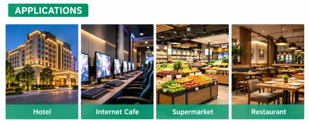Common air curtain applications in hotels, internet cafés, supermarkets, and restaurants.