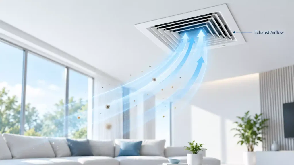 Ceiling exhaust ventilation removing indoor air containing airborne dust particles in a modern living room.