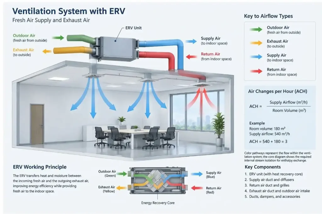 Illustration of supply and exhaust airflow circulating through an indoor room.