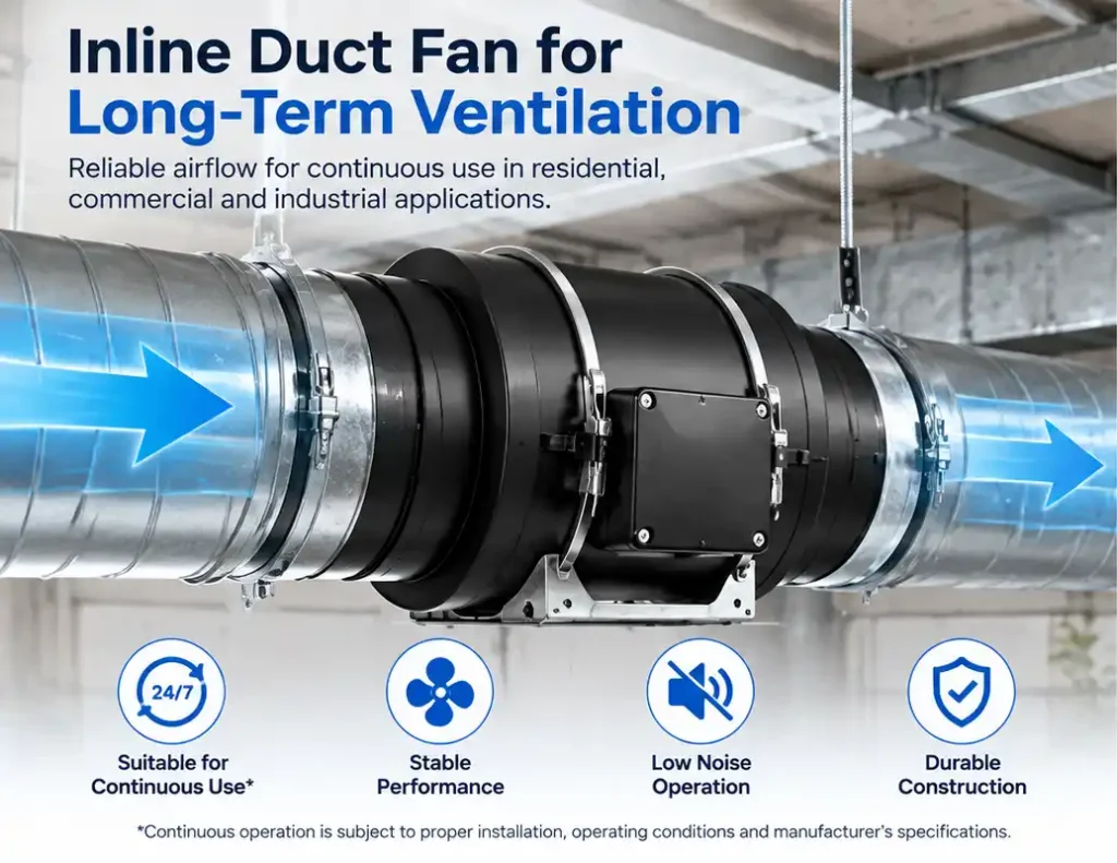 Black inline duct fan installed in a ventilation duct system for long-term airflow management.