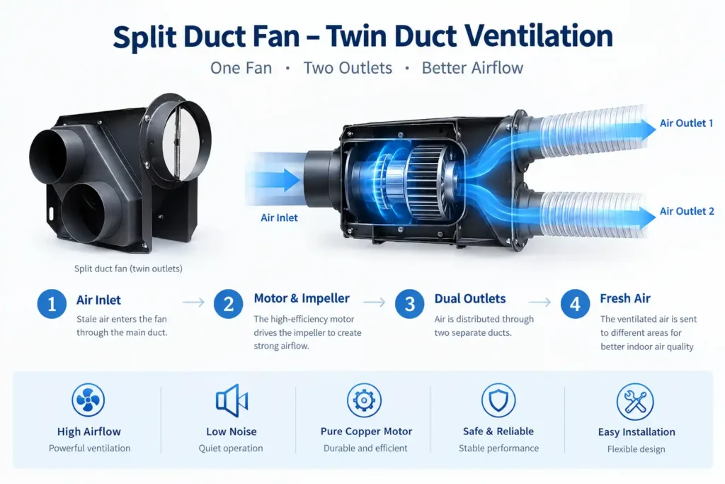 Split duct fan working principle showing one air inlet, motor-driven impeller, and two air outlets