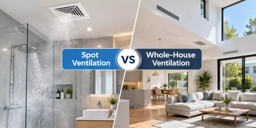 Side-by-side comparison of a bathroom with spot exhaust ventilation and a modern living room representing whole-house ventilation.