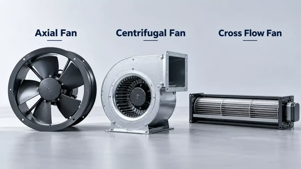 Side-by-side comparison of axial, centrifugal, and cross flow fans showing their different impeller and housing designs.