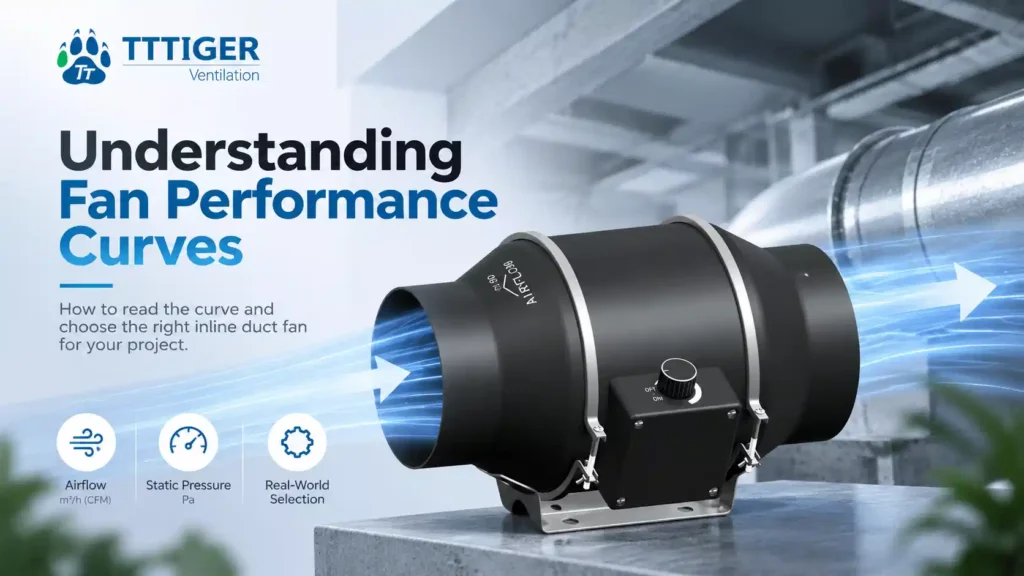 TTTIGER inline duct fan featured on an educational article cover about fan performance curves, airflow and static pressure.