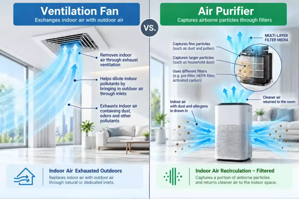 Diagram comparing ventilation air exchange with air filtration that captures airborne dust and allergens.