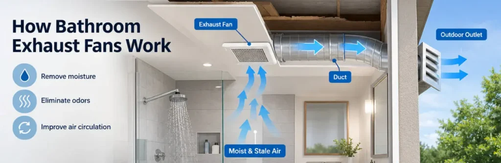 Bathroom exhaust fan removing humid air through a ventilation duct