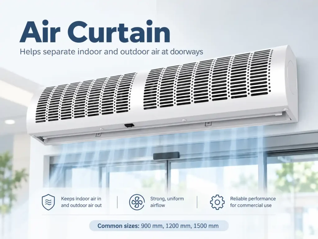 Commercial air curtain installed above a glass entrance, creating a downward airflow barrier.