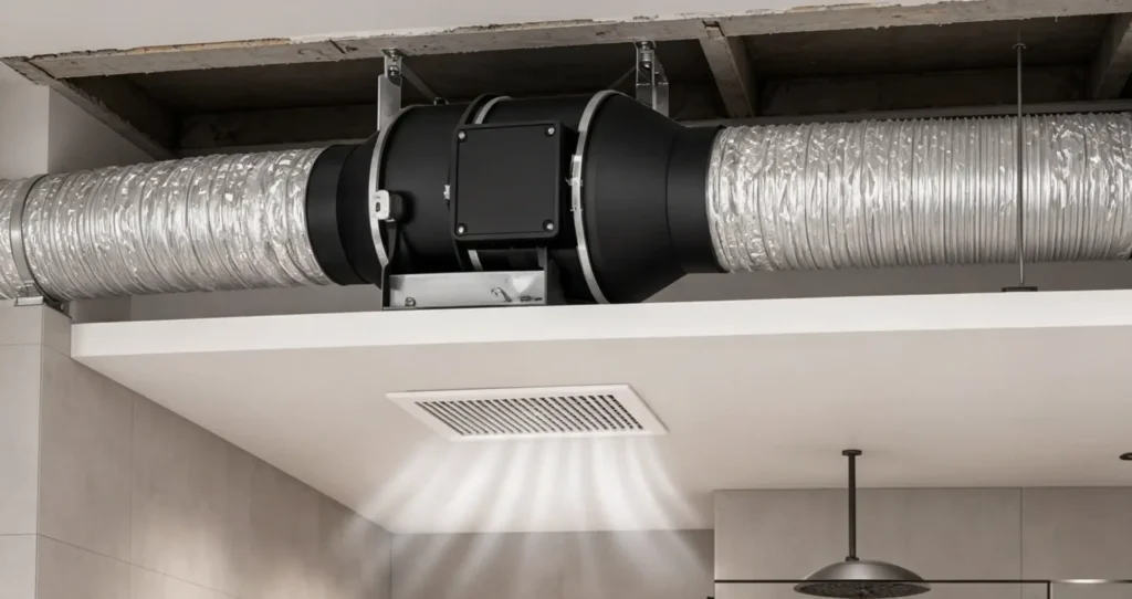 Inline duct ventilation fan installed in a commercial ventilation system.