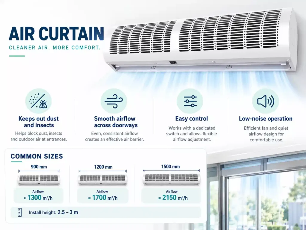 FM-125 series commercial air curtain with 900 mm, 1200 mm, and 1500 mm size options.