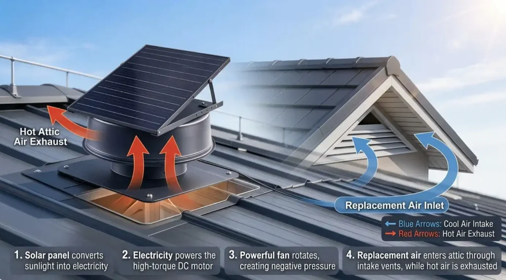 Diagram showing a solar-powered attic exhaust fan removing hot air while replacement air enters through soffit vents.