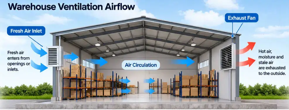 Diagram showing fresh air entering a warehouse while warm and stale air is exhausted through wall-mounted fans.